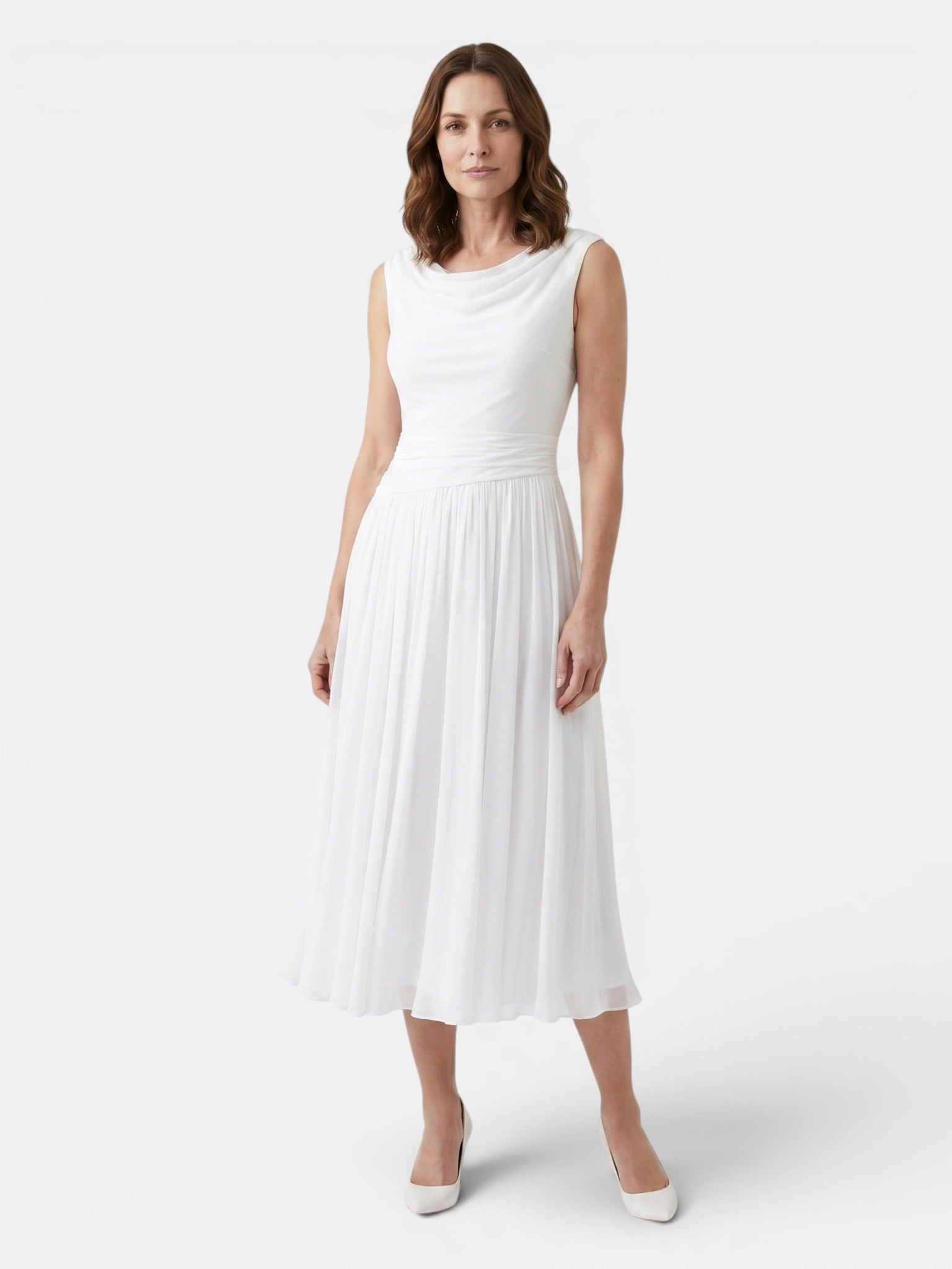 Robe midi drapée encolure souple corsage ajusté jupe plissée femme