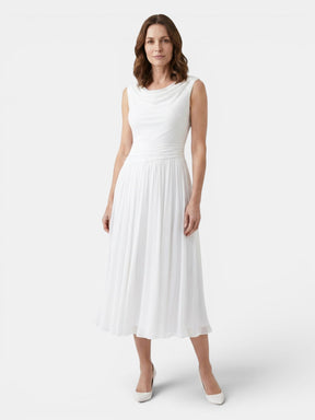 Robe midi drapée encolure souple corsage ajusté jupe plissée femme