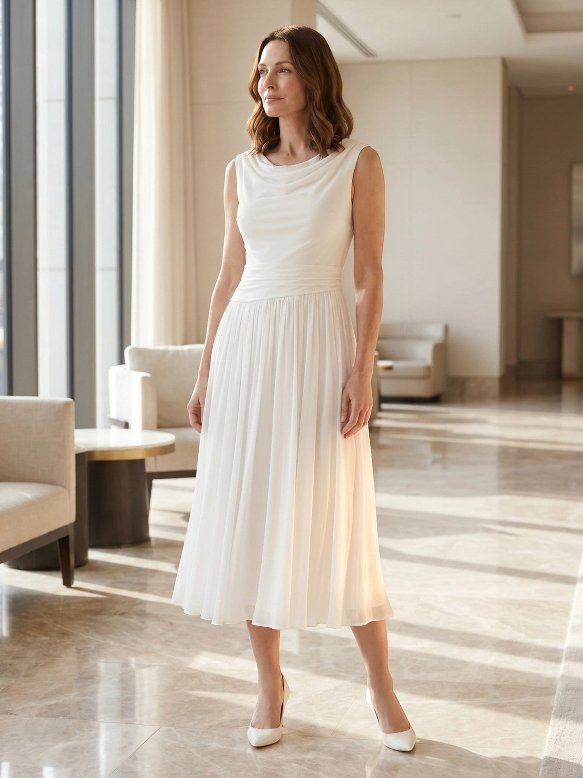 Robe midi drapée encolure souple corsage ajusté jupe plissée femme