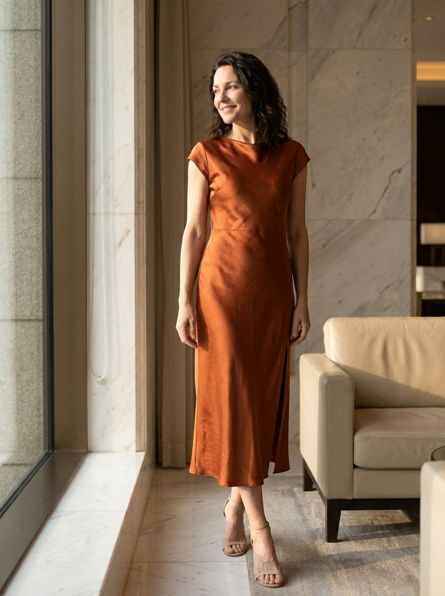 Robe midi col bateau classique manches courtes fente latérale femme