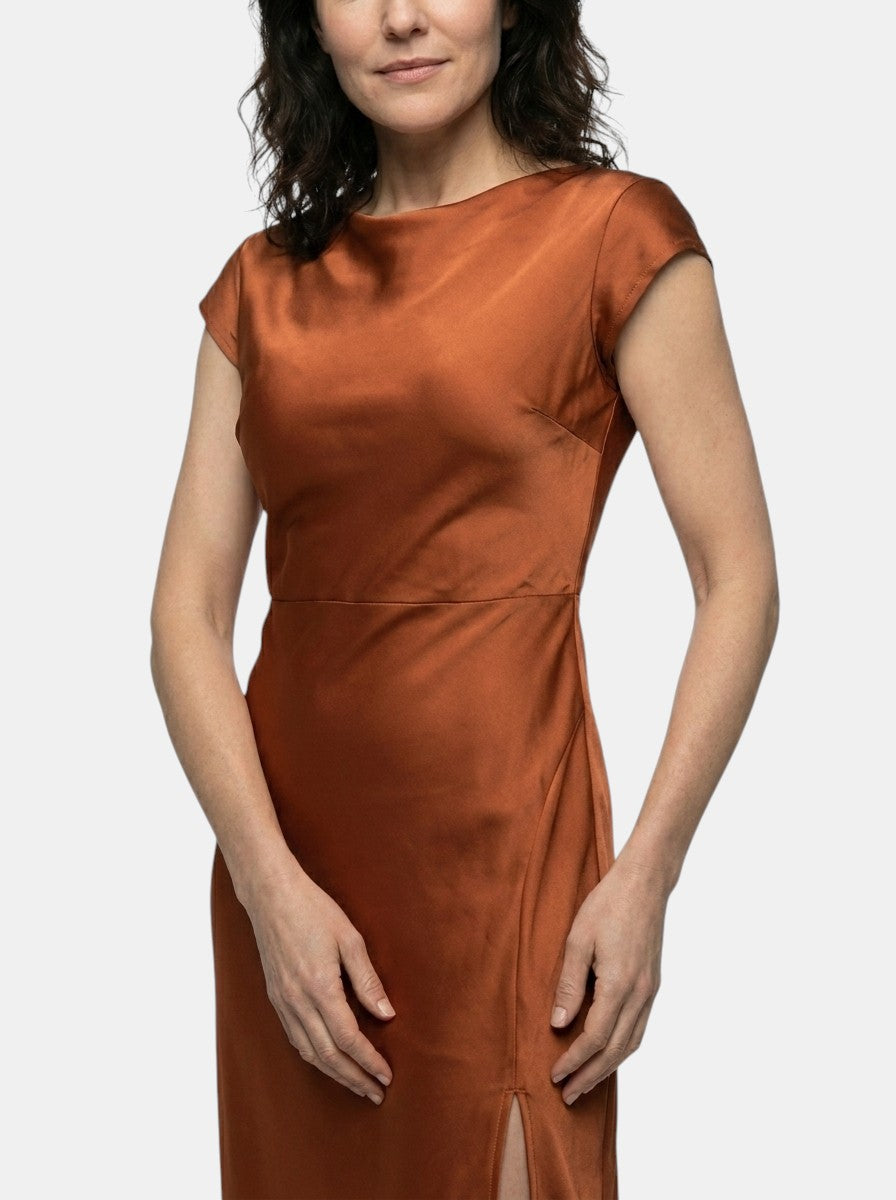 Robe midi col bateau classique manches courtes fente latérale femme