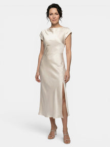 Robe midi col bateau classique manches courtes fente latérale femme