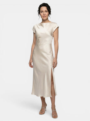 Robe midi col bateau classique manches courtes fente latérale femme