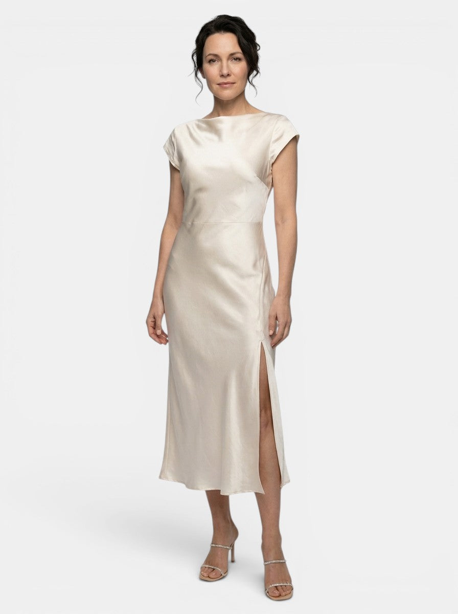 Robe midi col bateau classique manches courtes fente latérale femme