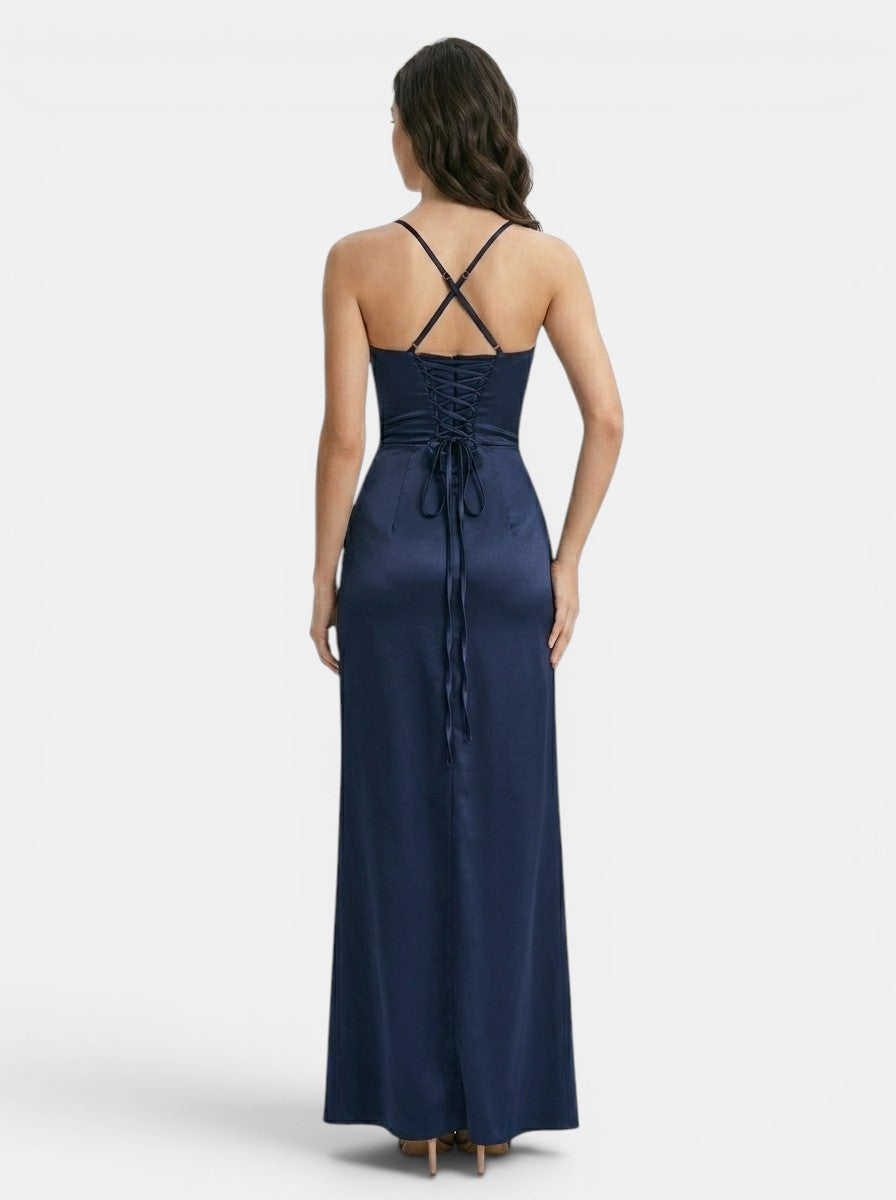 Robe maxi bleu marine bretelles fines fente haute corsage sculptant femme soirée