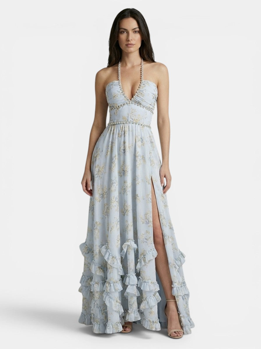 Robe longue pêche col licou en tapisserie à jupe bouffante pour femme