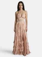 Robe longue pêche col licou en tapisserie à jupe bouffante pour femme