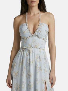 Robe longue pêche col licou en tapisserie à jupe bouffante pour femme