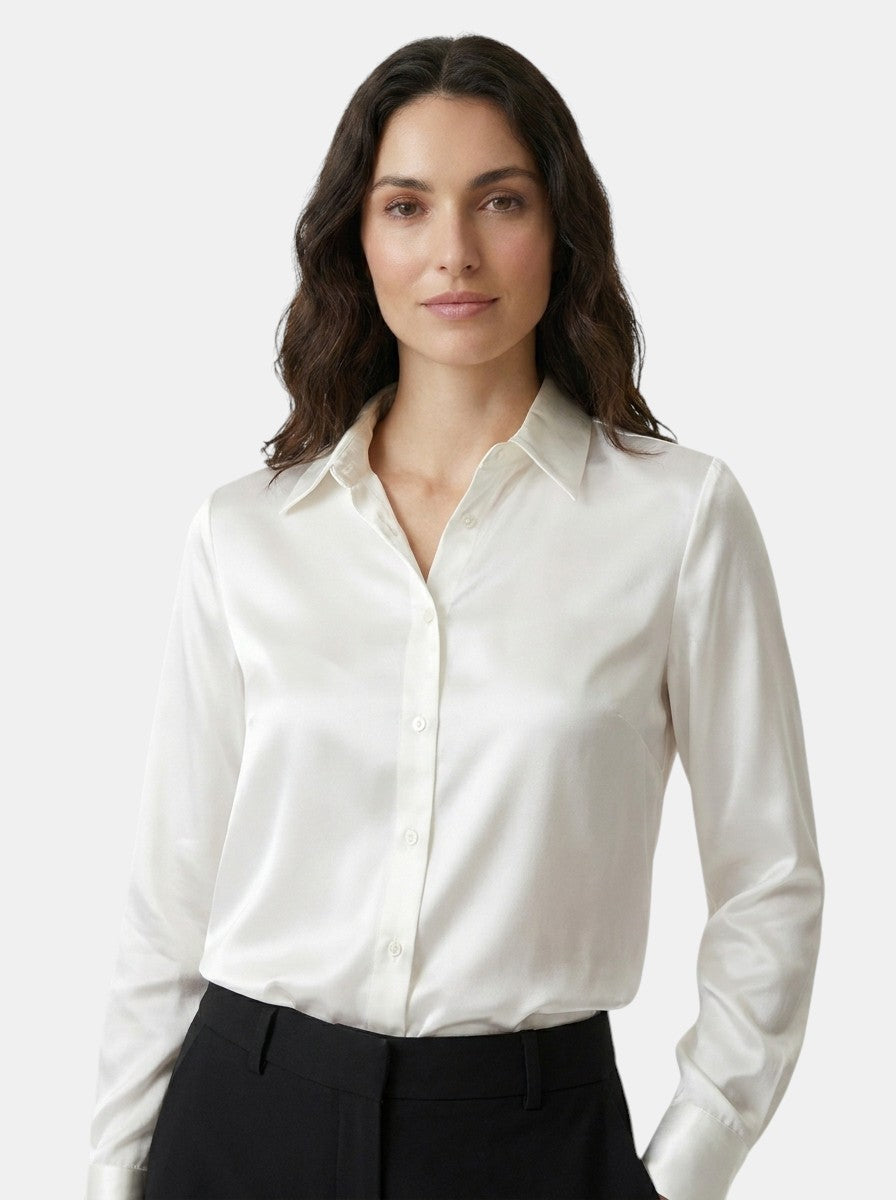 Blouse satinée manches longues drapé fluide col classique femme chic
