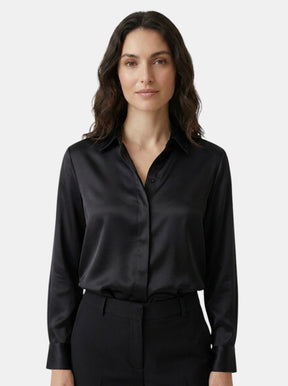 Blouse satinée manches longues drapé fluide col classique femme chic