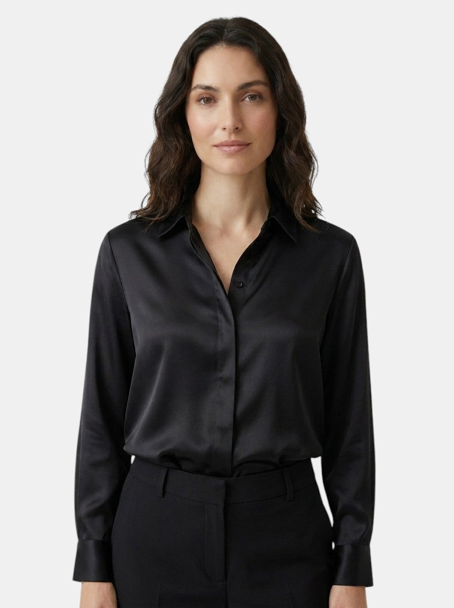 Blouse satinée manches longues drapé fluide col classique femme chic