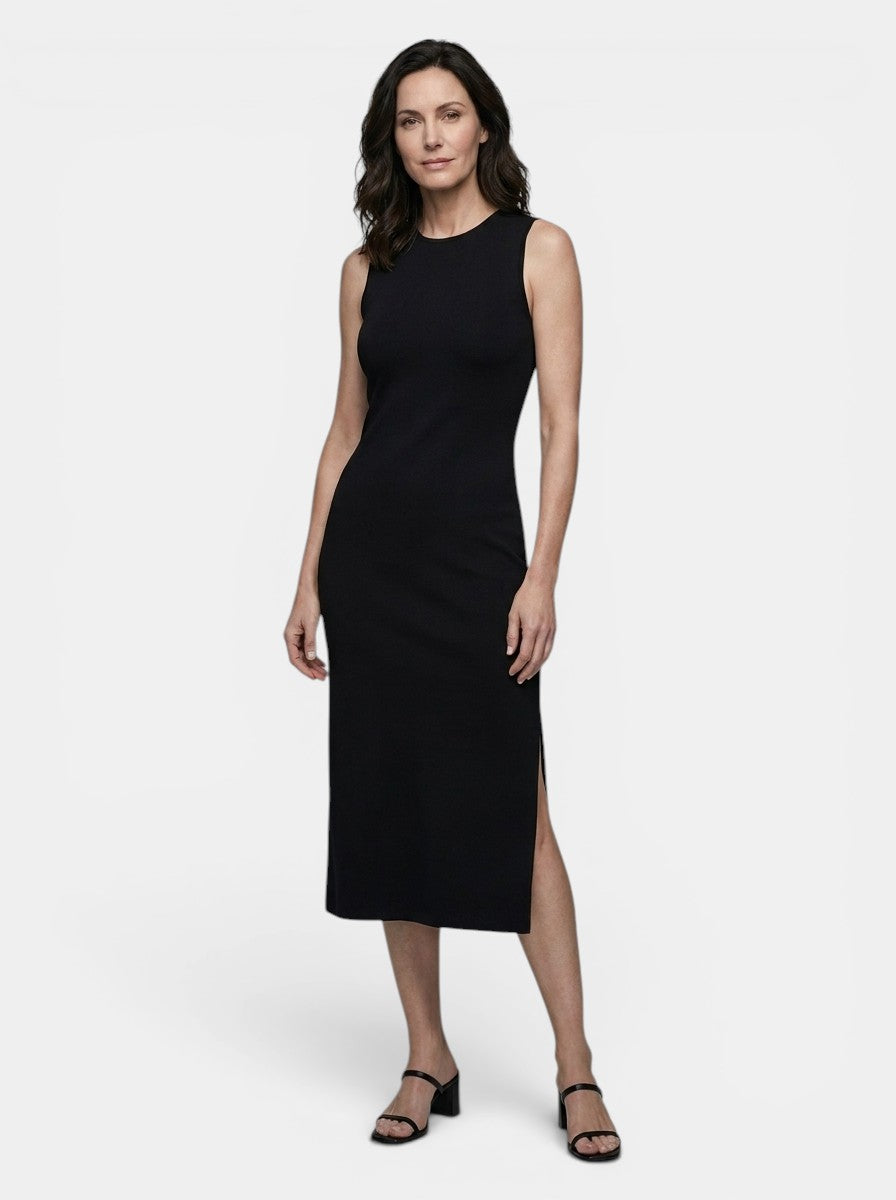 Robe midi col montant sans manches fente latérale femme sophistiquée