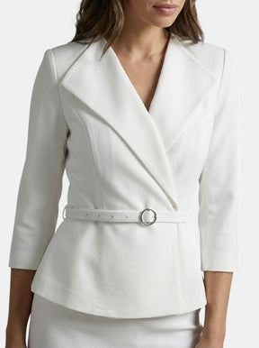 Tailleur femme blazer structuré blanc et jupe crayon midi élégant