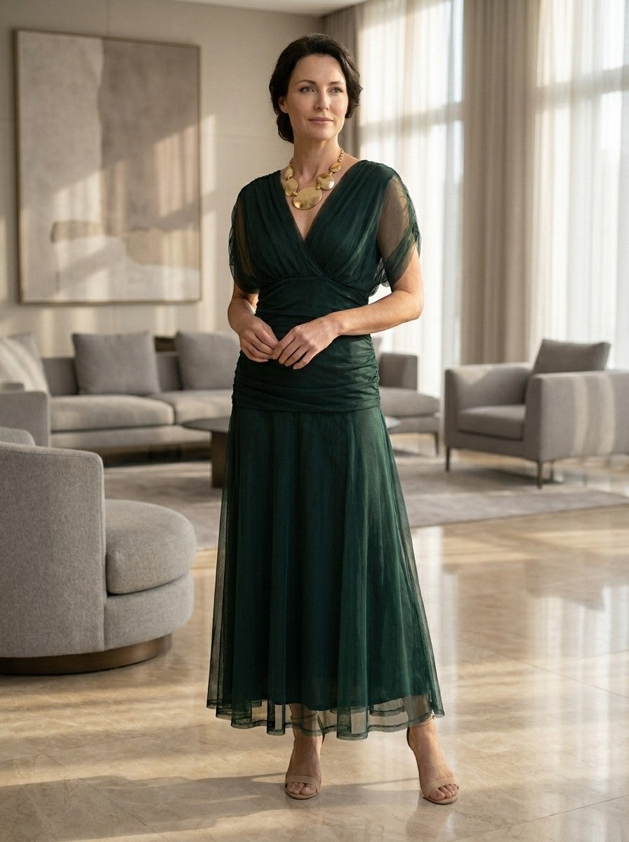 Robe longue col V manches cape fluides élégance soirée femme