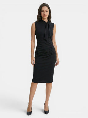 Robe midi sans manches fourreau col V portefeuille élégante femme toutes saisons