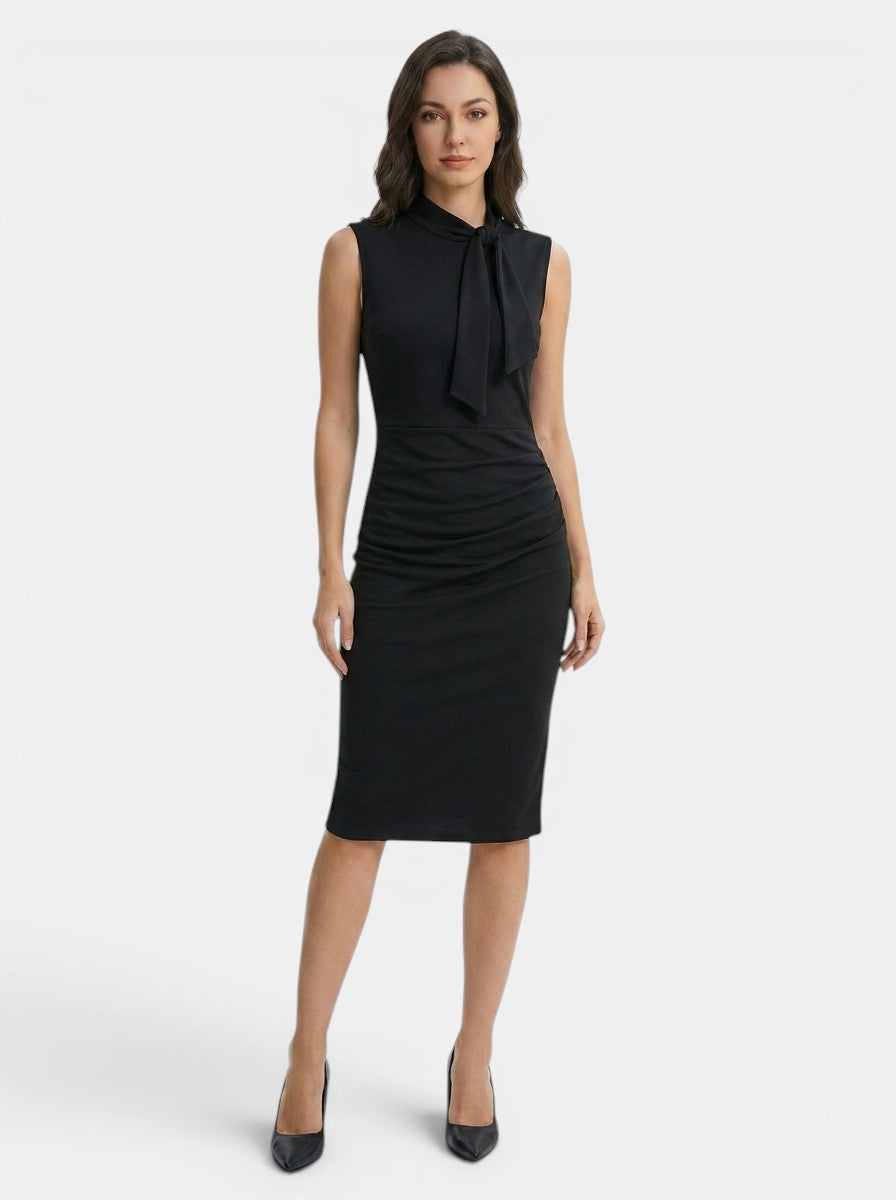 Robe midi sans manches fourreau col V portefeuille élégante femme toutes saisons