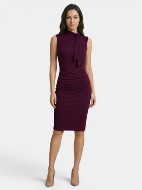 Robe midi sans manches fourreau col V portefeuille élégante femme toutes saisons