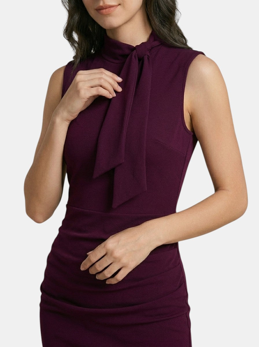 Robe midi sans manches fourreau col V portefeuille élégante femme toutes saisons