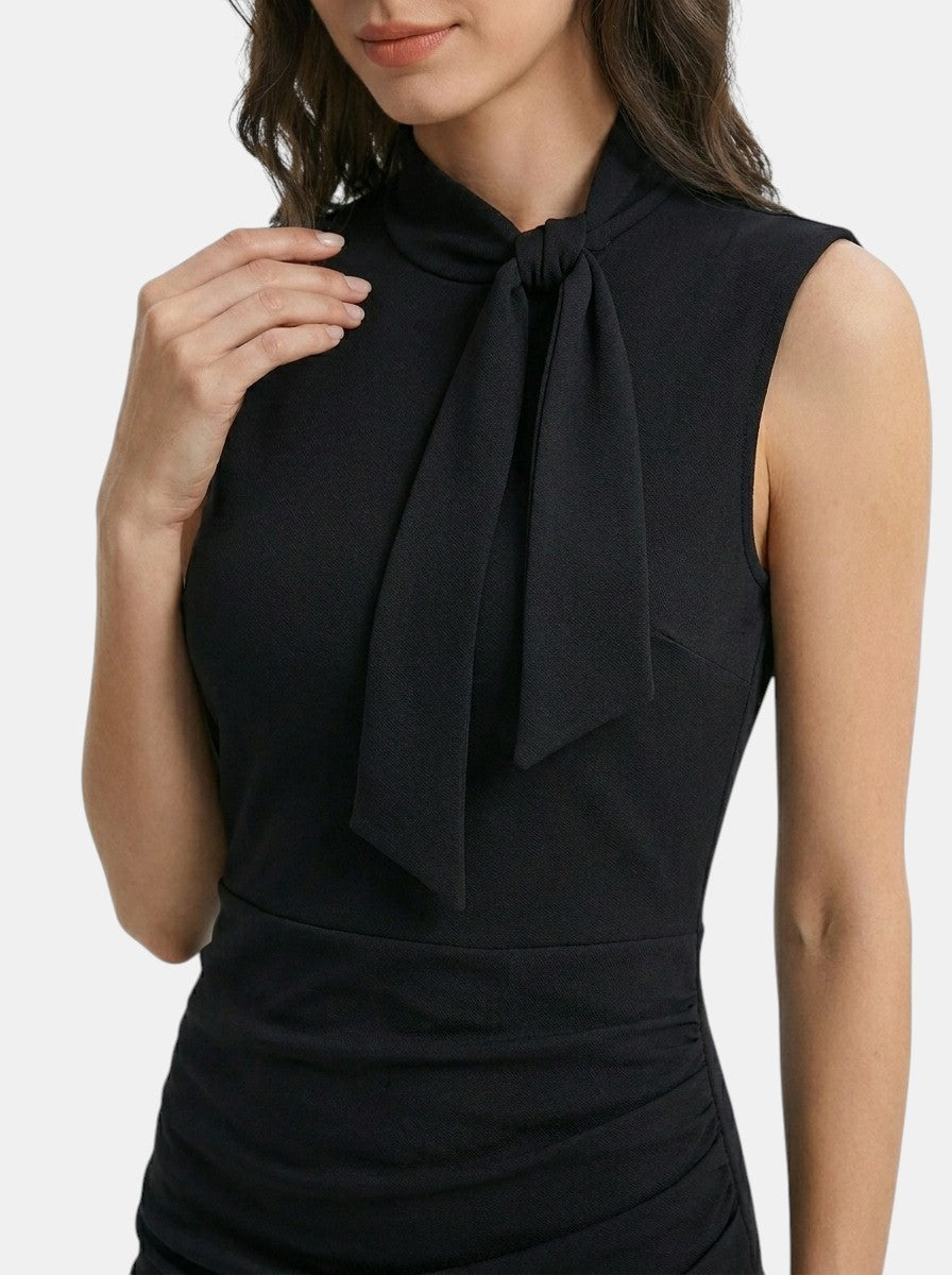 Robe midi sans manches fourreau col V portefeuille élégante femme toutes saisons