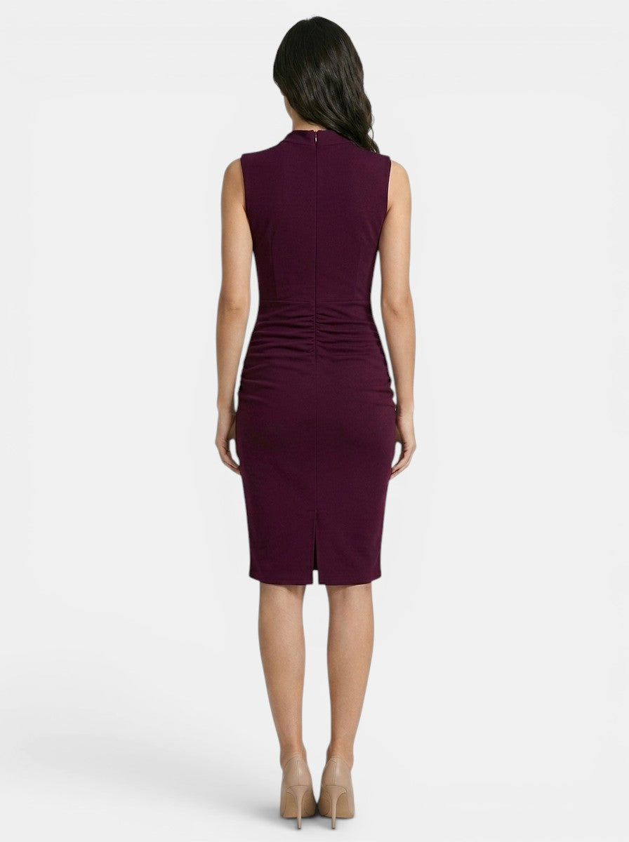 Robe midi sans manches fourreau col V portefeuille élégante femme toutes saisons