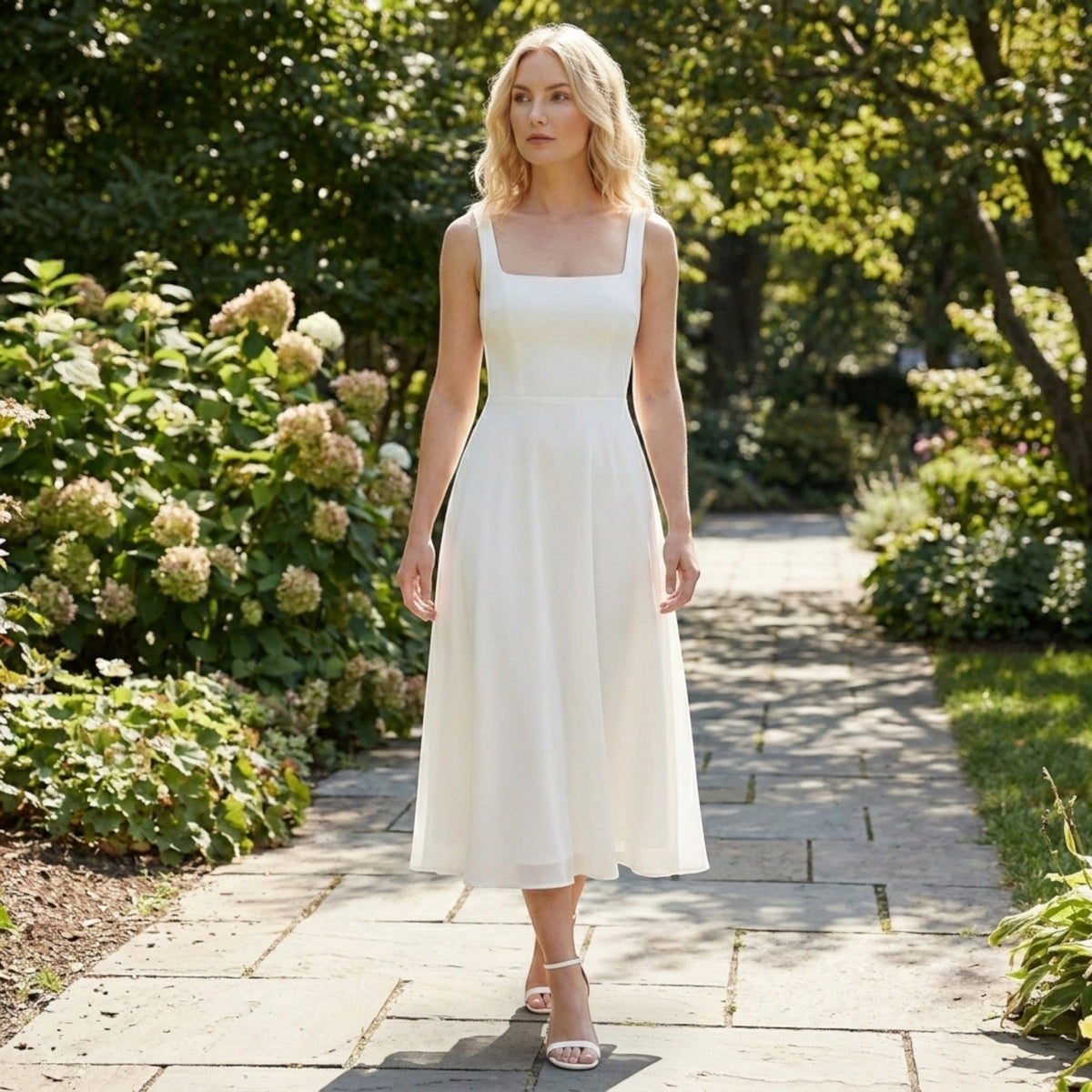Robe midi blanche élégante col carré pour cocktail intemporel femme