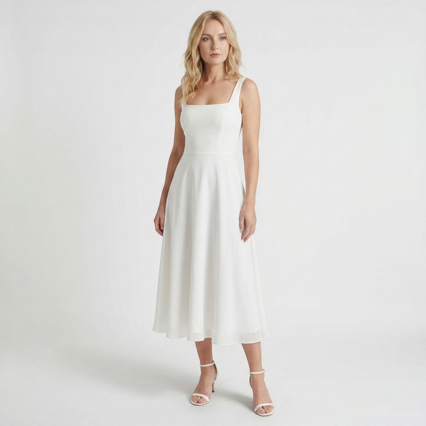 Robe midi blanche élégante col carré pour cocktail intemporel femme