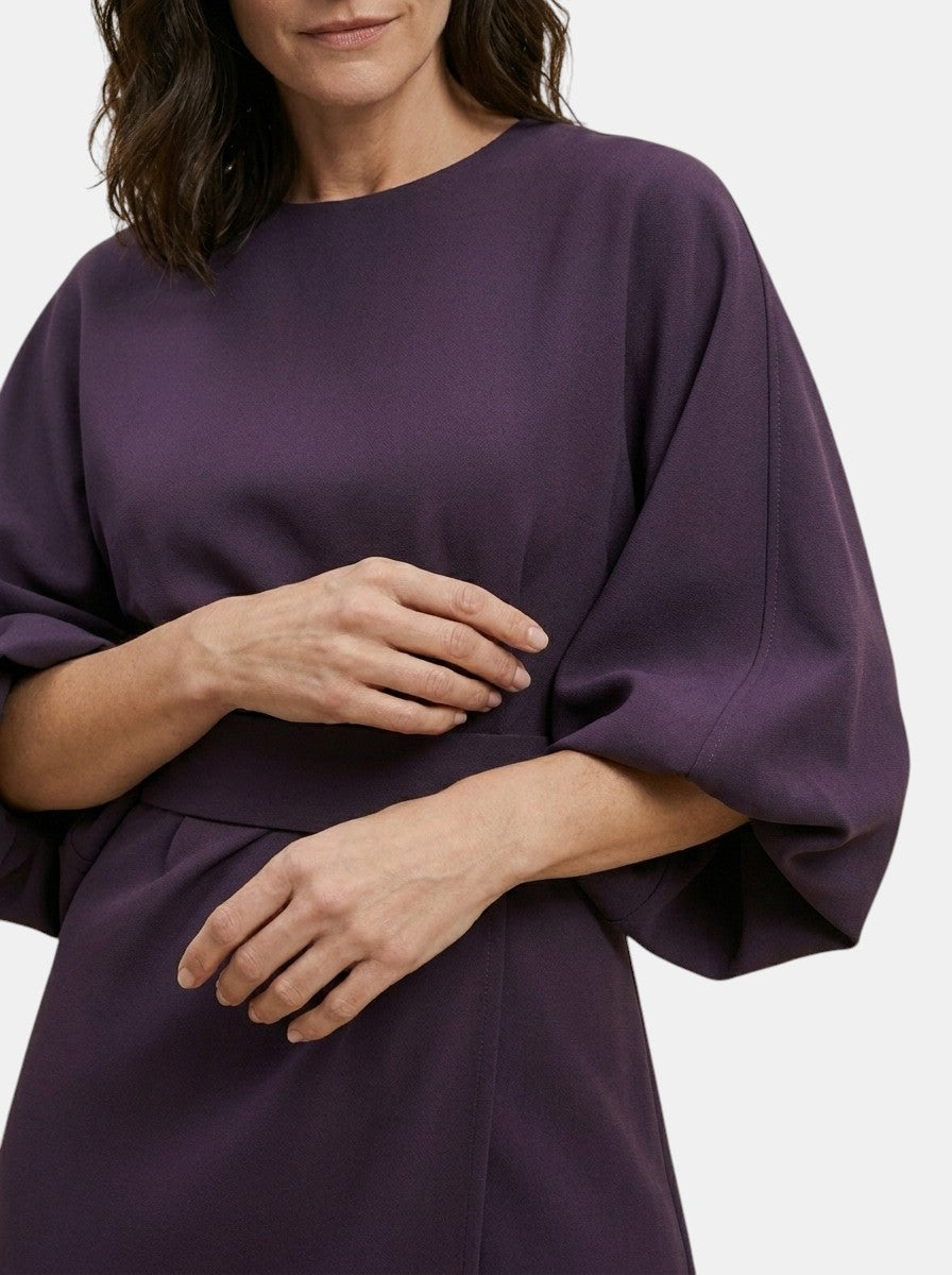 Robe midi portefeuille noire manches ballon ceinture auto-nouée soirée