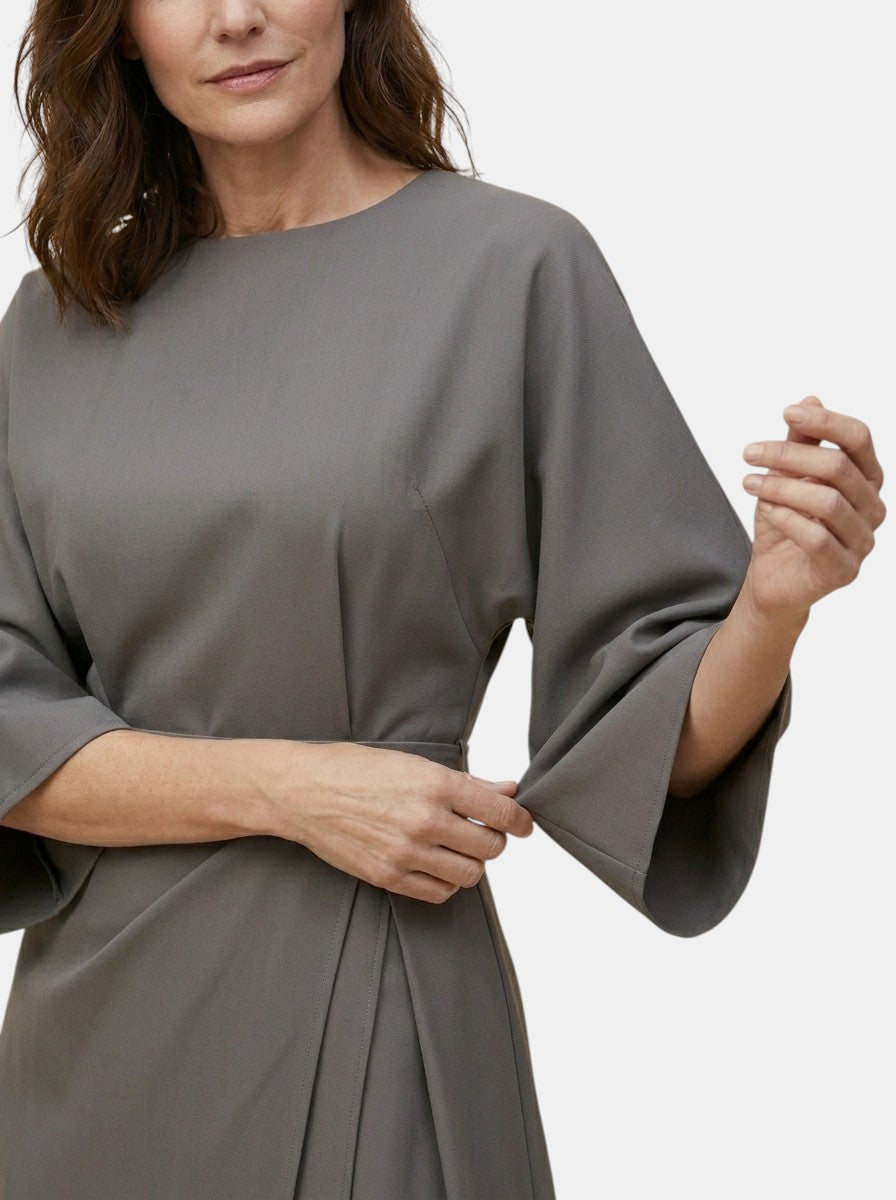 Robe midi portefeuille noire manches ballon ceinture auto-nouée soirée