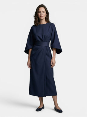 Robe midi portefeuille noire manches ballon ceinture auto-nouée soirée