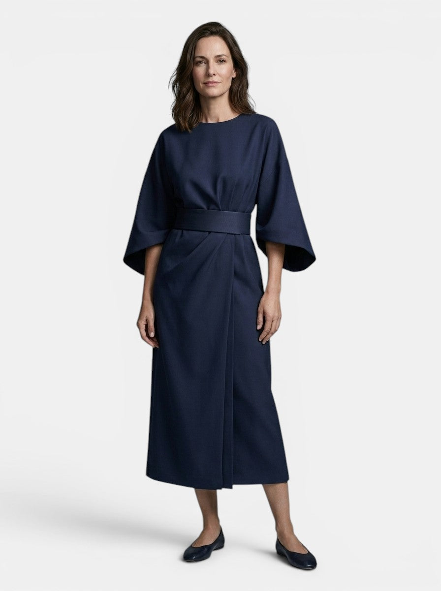 Robe midi portefeuille noire manches ballon ceinture auto-nouée soirée