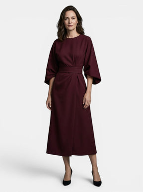 Robe midi portefeuille noire manches ballon ceinture auto-nouée soirée