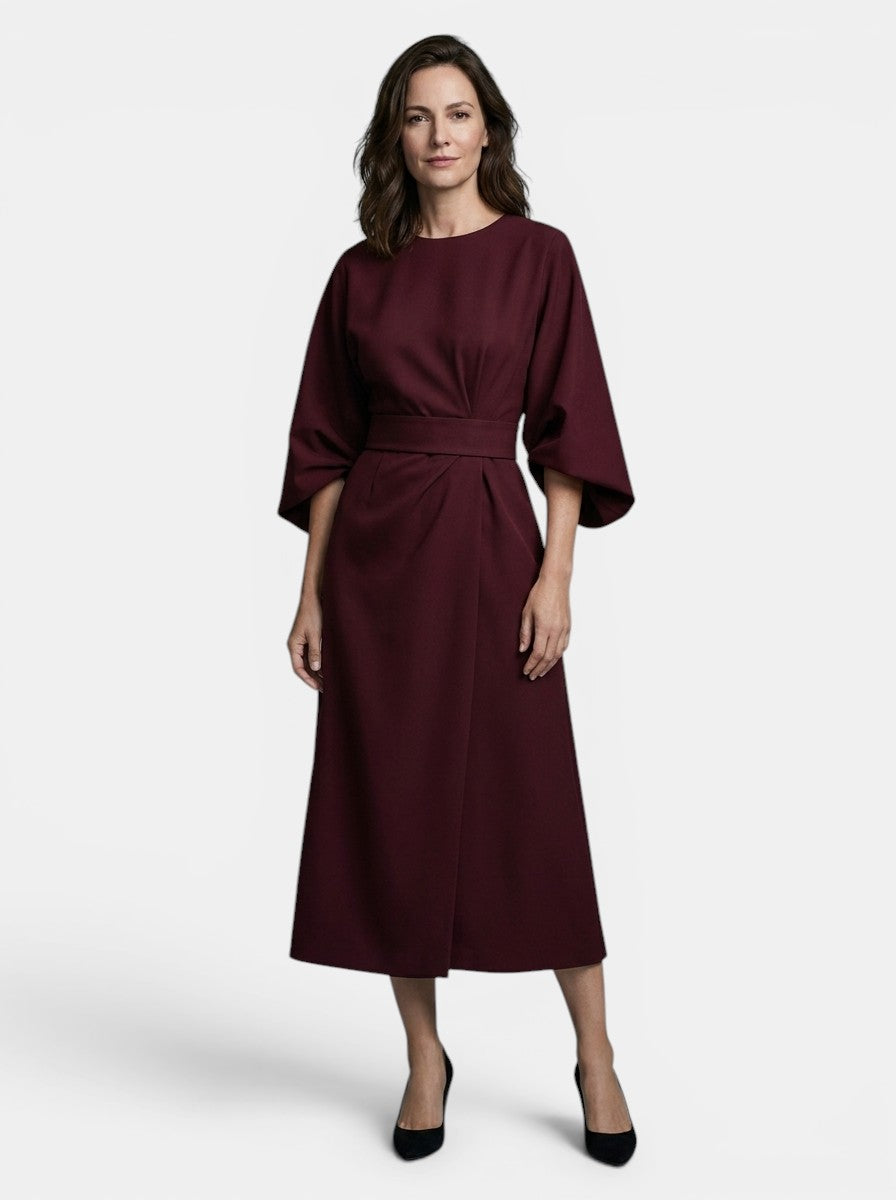 Robe midi portefeuille noire manches ballon ceinture auto-nouée soirée