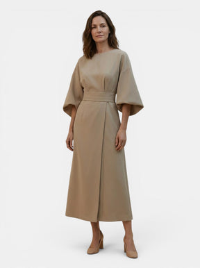 Robe midi portefeuille noire manches ballon ceinture auto-nouée soirée