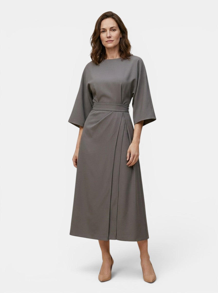 Robe midi portefeuille noire manches ballon ceinture auto-nouée soirée