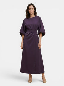 Robe midi portefeuille noire manches ballon ceinture auto-nouée soirée
