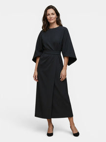 Robe midi portefeuille noire manches ballon ceinture auto-nouée soirée
