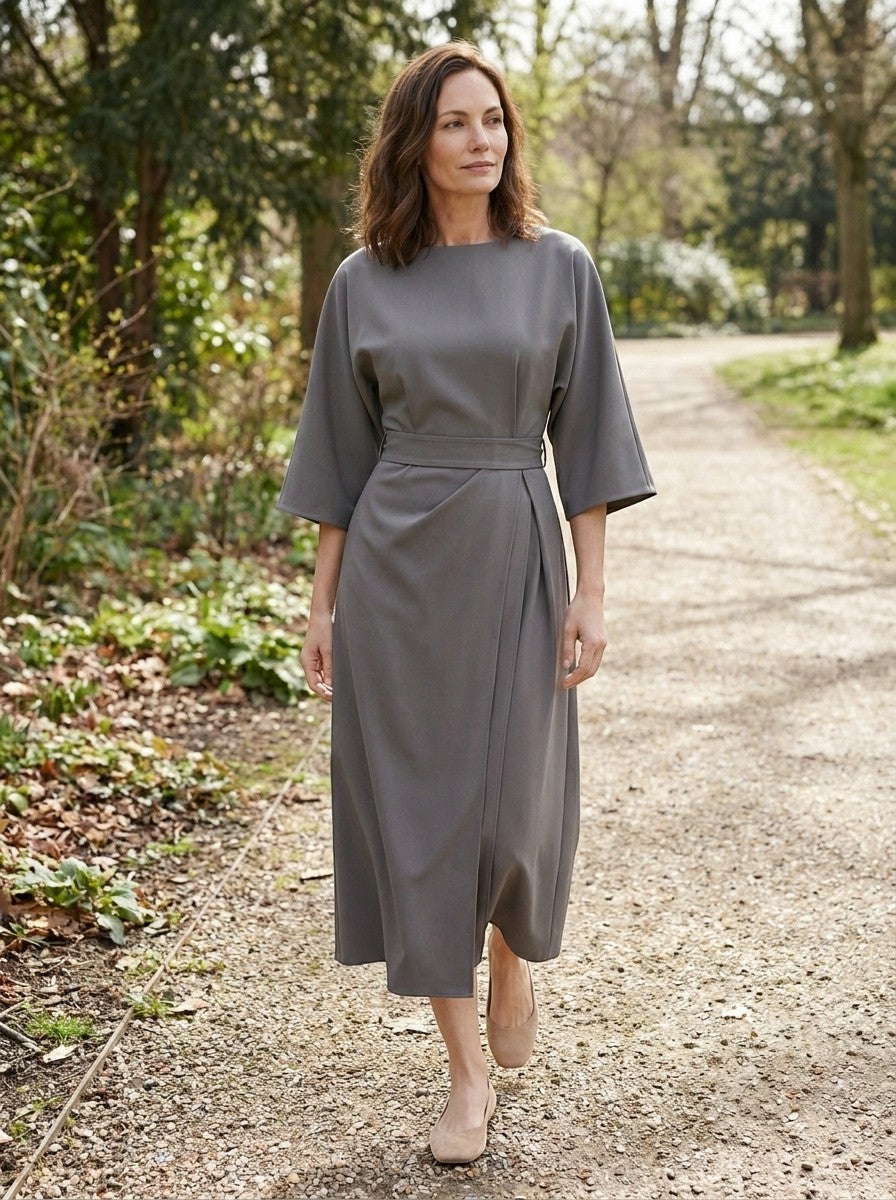 Robe midi portefeuille noire manches ballon ceinture auto-nouée soirée