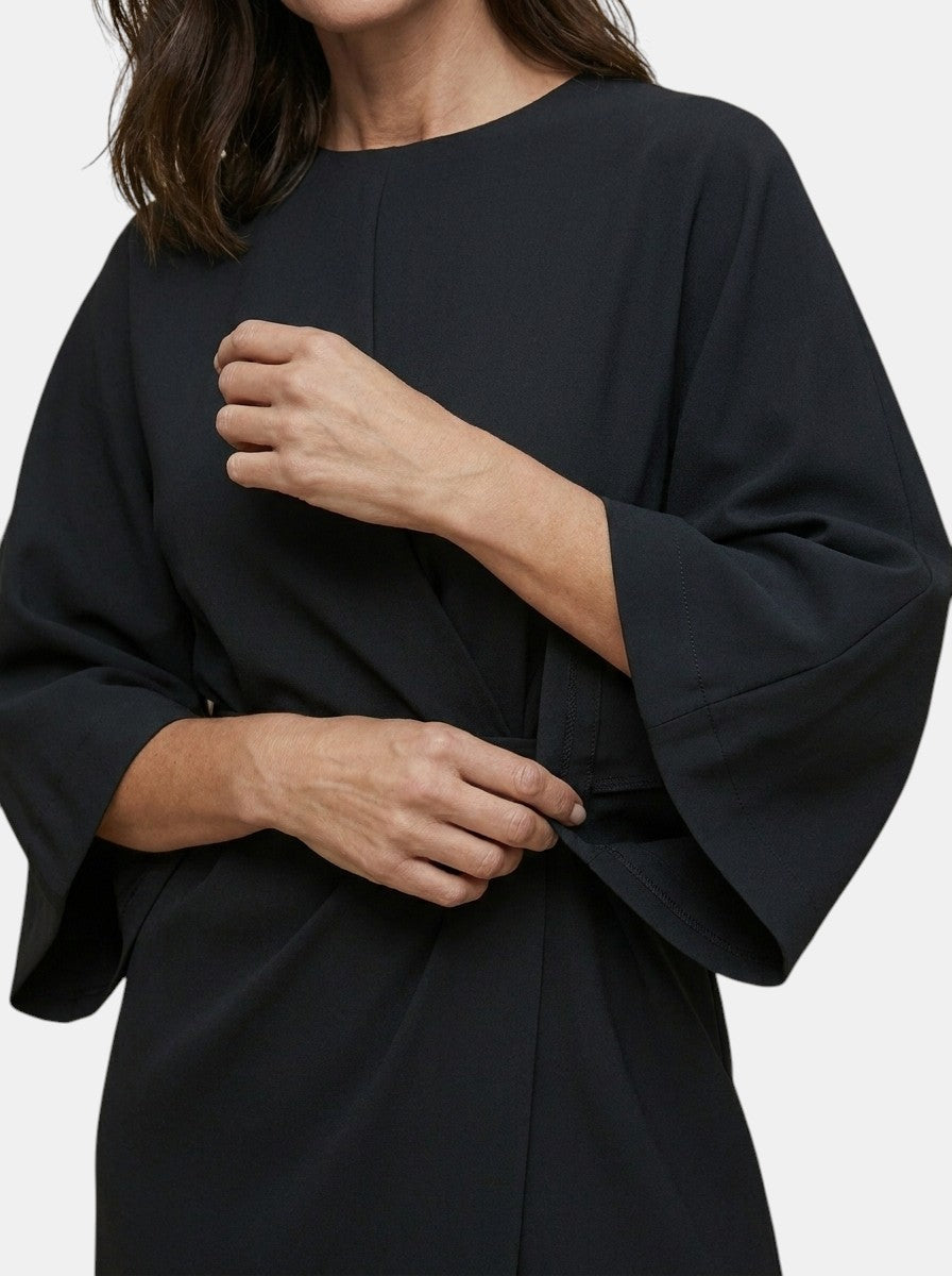 Robe midi portefeuille noire manches ballon ceinture auto-nouée soirée