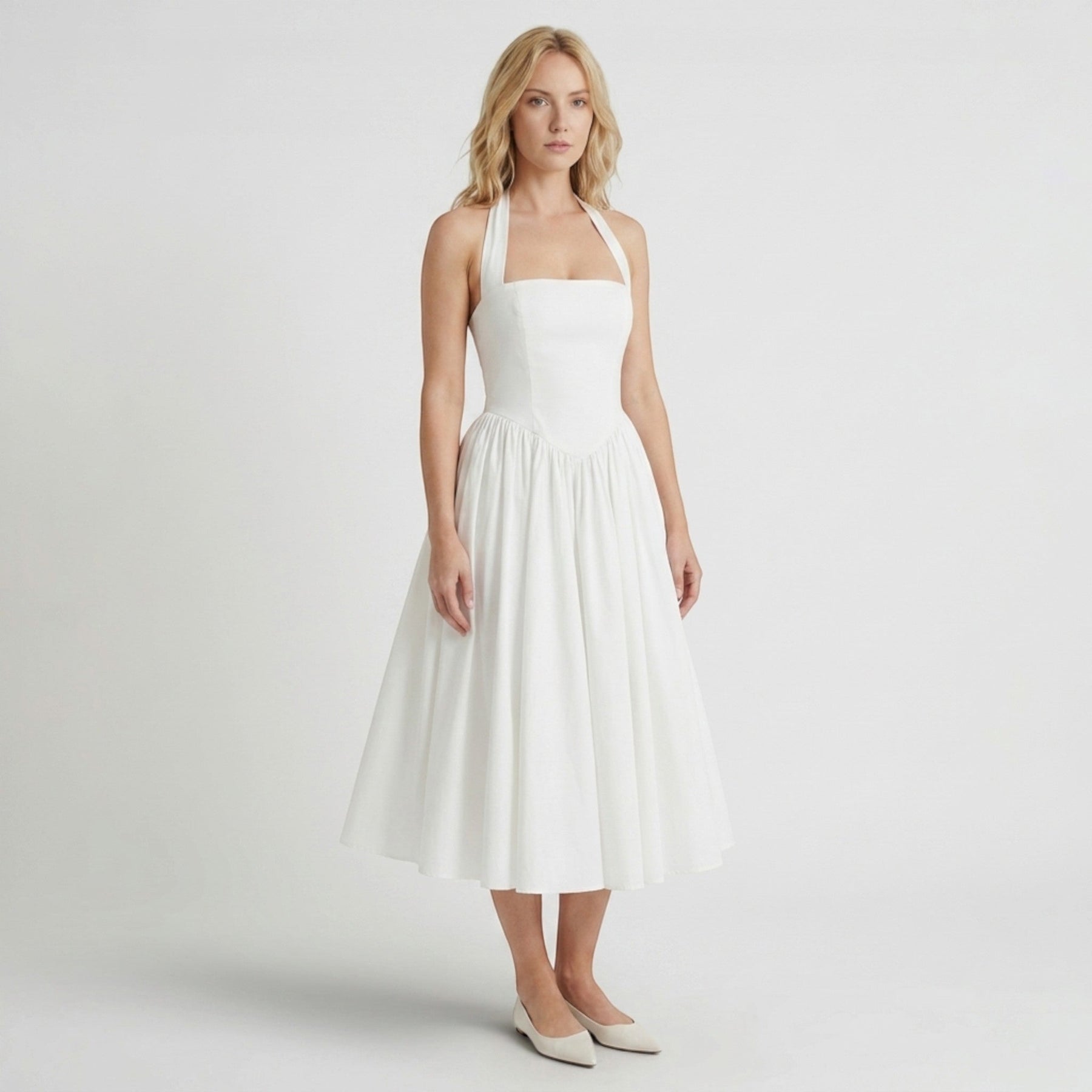 Robe midi fleurie col licou élégante pour cocktail estival femme