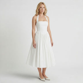 Robe midi fleurie col licou élégante pour cocktail estival femme