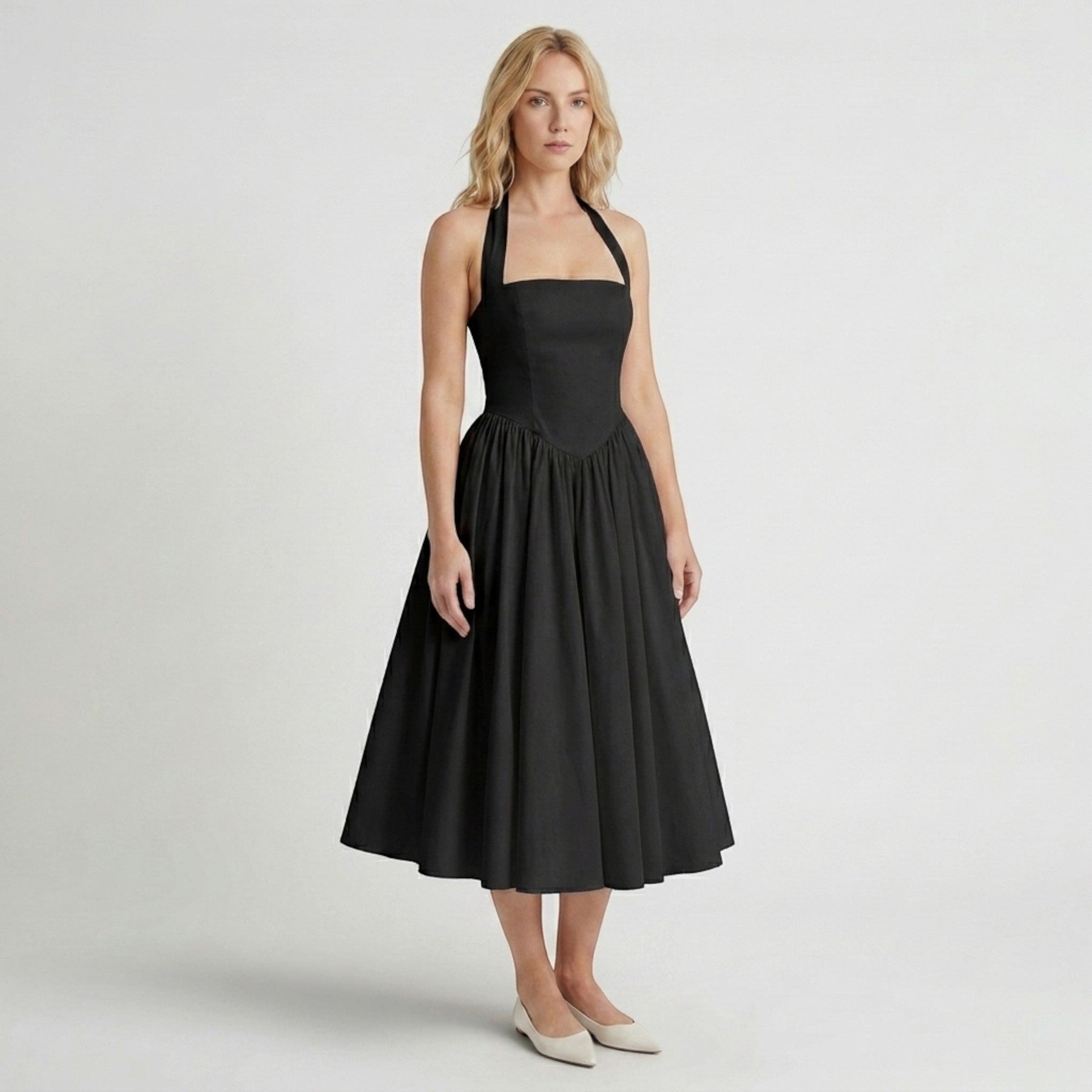 Robe midi fleurie col licou élégante pour cocktail estival femme