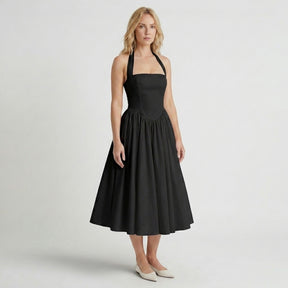 Robe midi fleurie col licou élégante pour cocktail estival femme