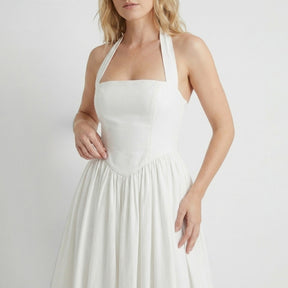 Robe midi fleurie col licou élégante pour cocktail estival femme