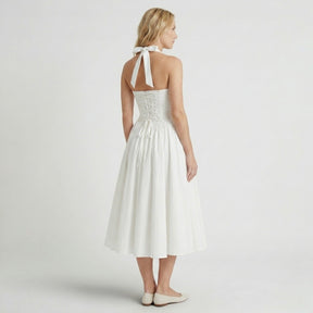 Robe midi fleurie col licou élégante pour cocktail estival femme