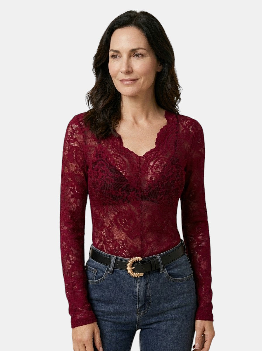 Blouse en dentelle florale coupe ajustée col V manches longues femme