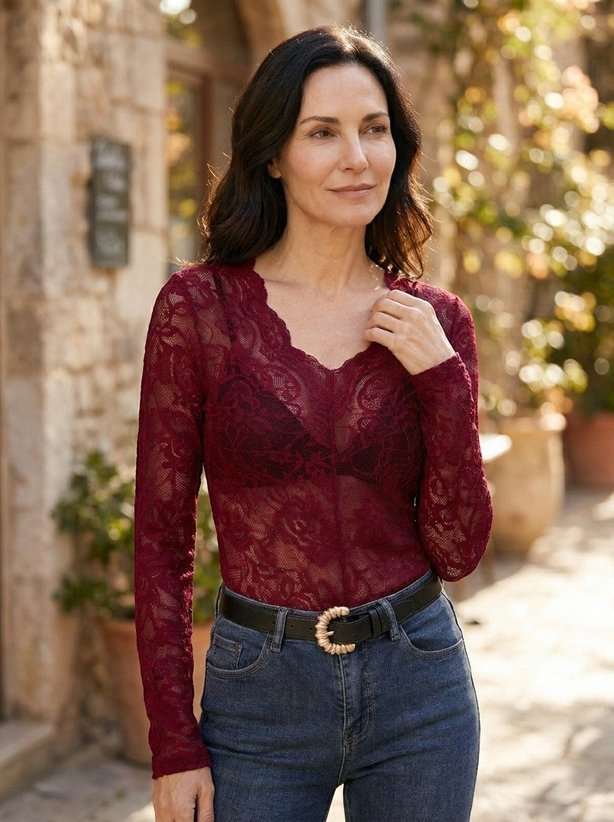 Blouse en dentelle florale coupe ajustée col V manches longues femme