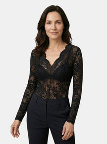 Blouse en dentelle florale coupe ajustée col V manches longues femme