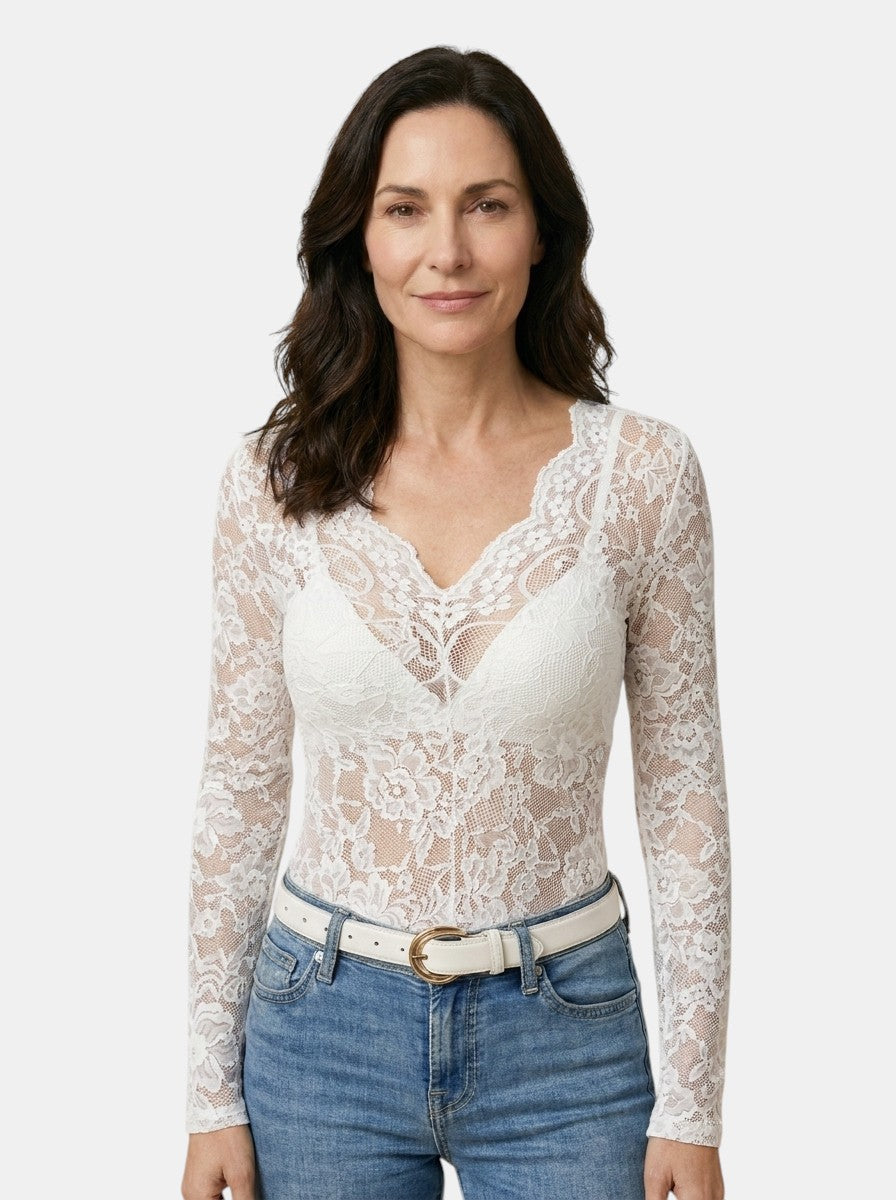 Blouse en dentelle florale coupe ajustée col V manches longues femme