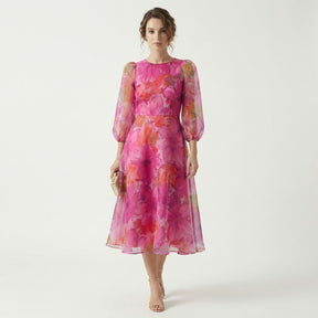 Robe midi fleurie femme manches longues élégante tenue estivale grande taille