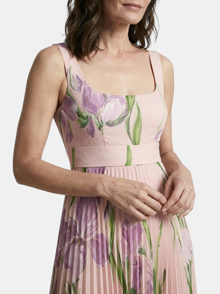 Robe maxi imprimé floral ligne A plissée sans manches encolure carrée